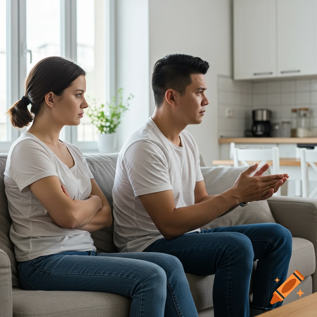 Photorealistic image of a man and woman sitting on a couch, turned away from each other with serious expressions.