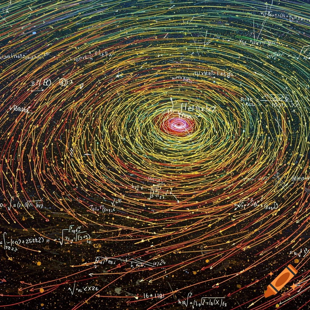 Abstract visualization of swirling lines and arrows, overlaid with mathematical equations