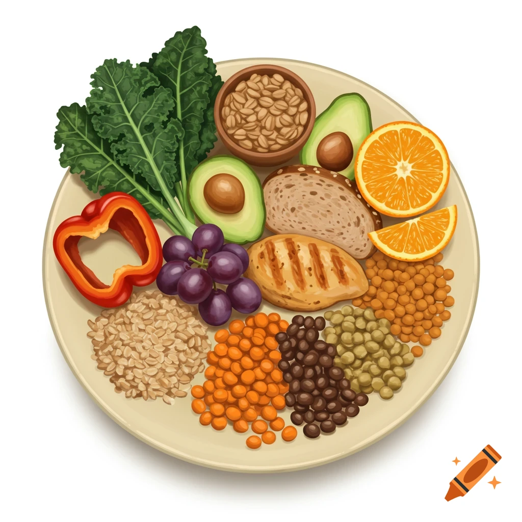 Illustration of a plate of healthy food including vegetables, fruits, grains, legumes, and protein.