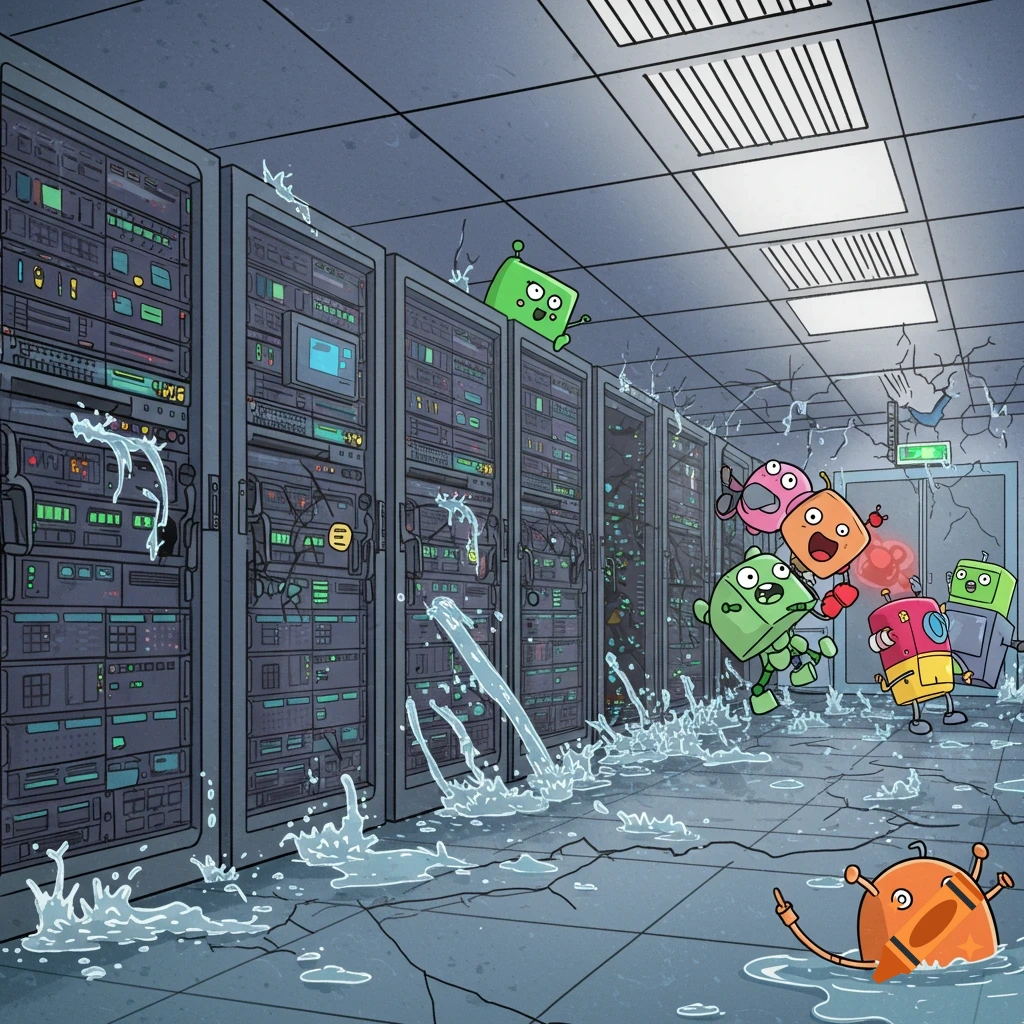 Cartoon robots panic in a flooded, damaged data center in an animated style.