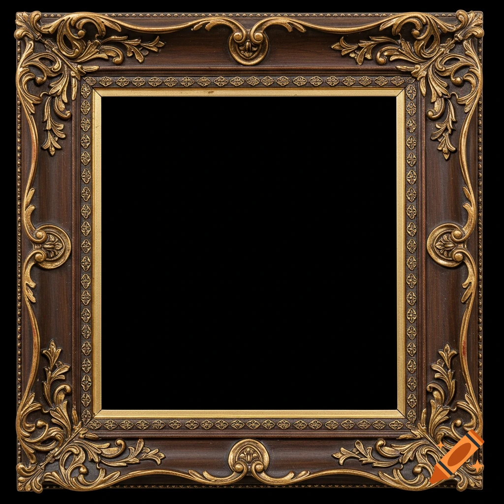 An ornate dark wood and gold picture frame.