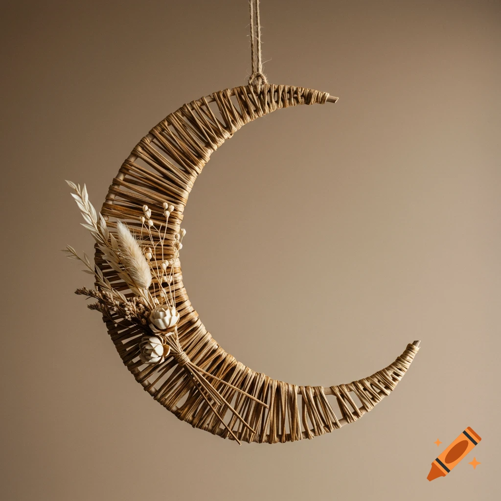 A handmade rattan crescent moon wreath decorated with dried flowers hangs against a beige background.