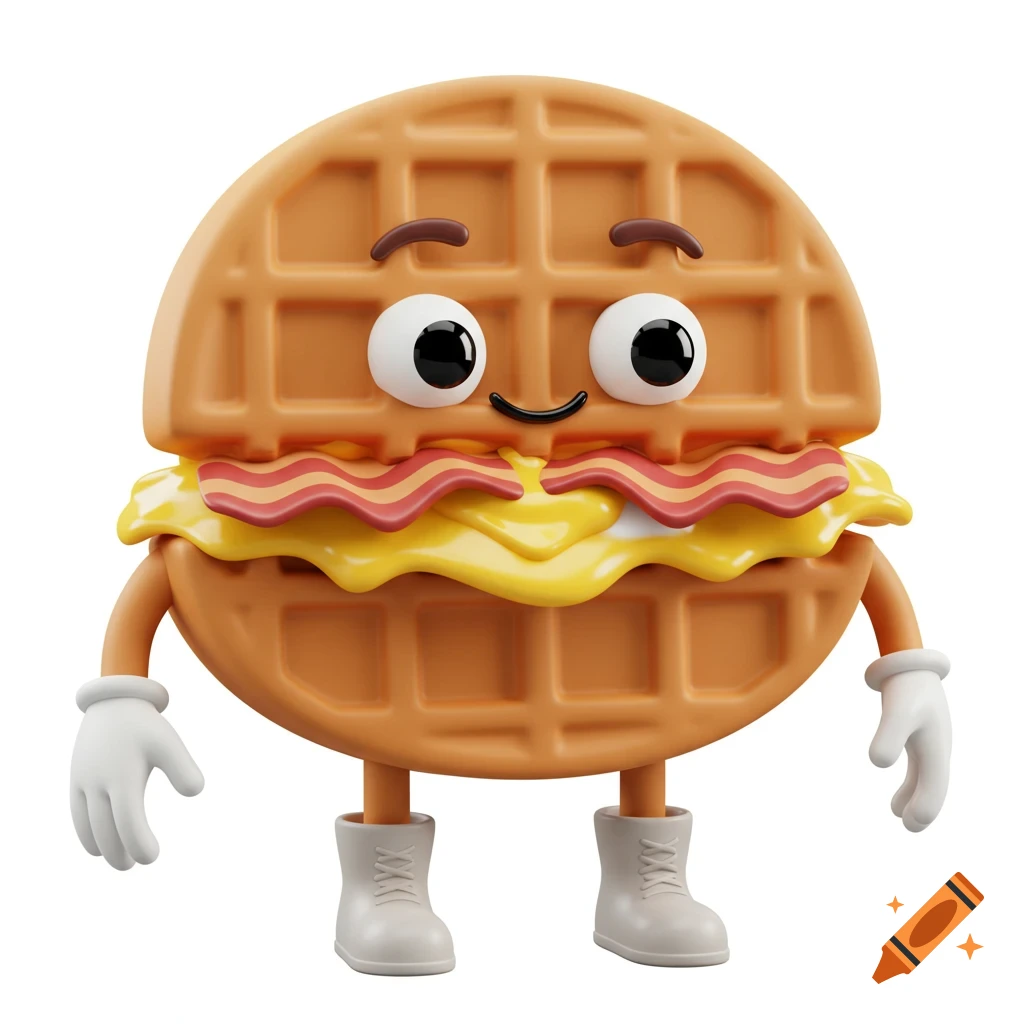 A 3d cartoon character of a smiling waffle filled with bacon and eggs, wearing white gloves and boots.