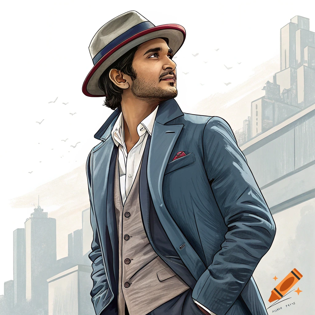 Illustration of a man in a suit and fedora looking sideways in a city setting