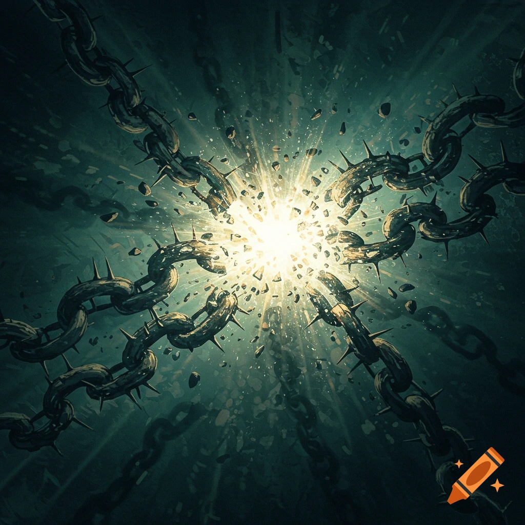 Thorny chain links breaking apart with a burst of light and debris in the center.