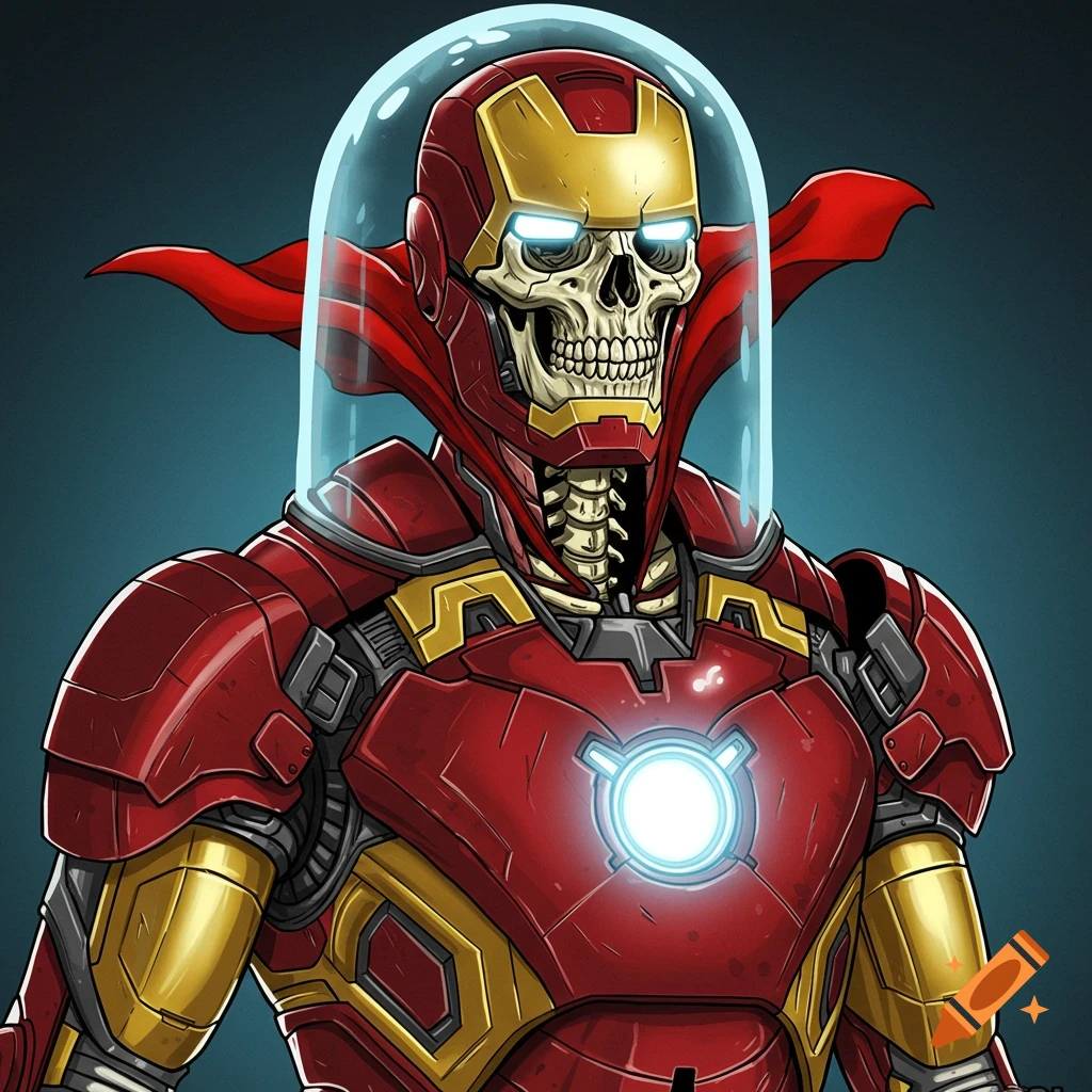 Illustration of a skeleton piloting an Iron Man suit with a cape and clear helmet dome.
