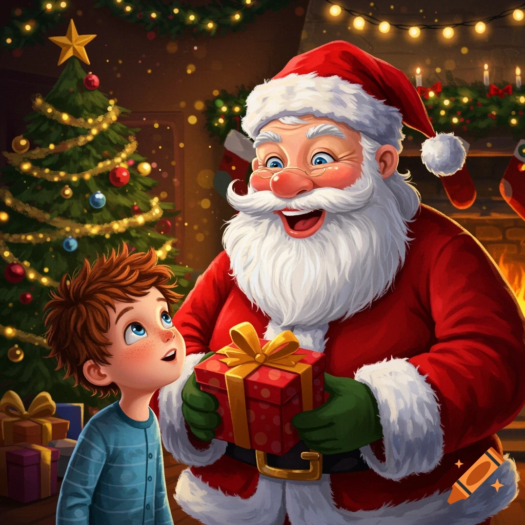 Santa Claus giving a gift to a young boy in front of a Christmas tree and fireplace.