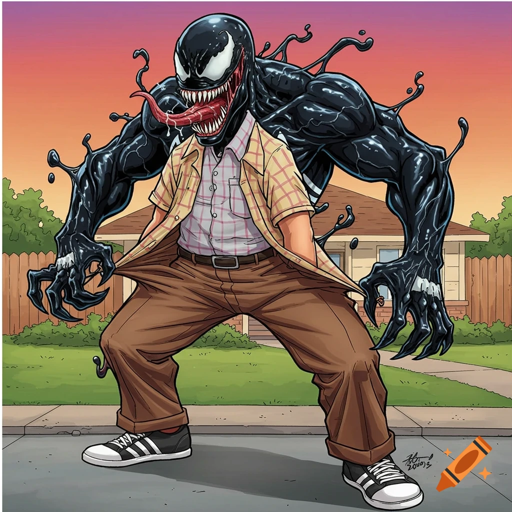 Comic art of Venom emerging from behind a man dressed as Al Bundy pulling his pants out on a suburban street.