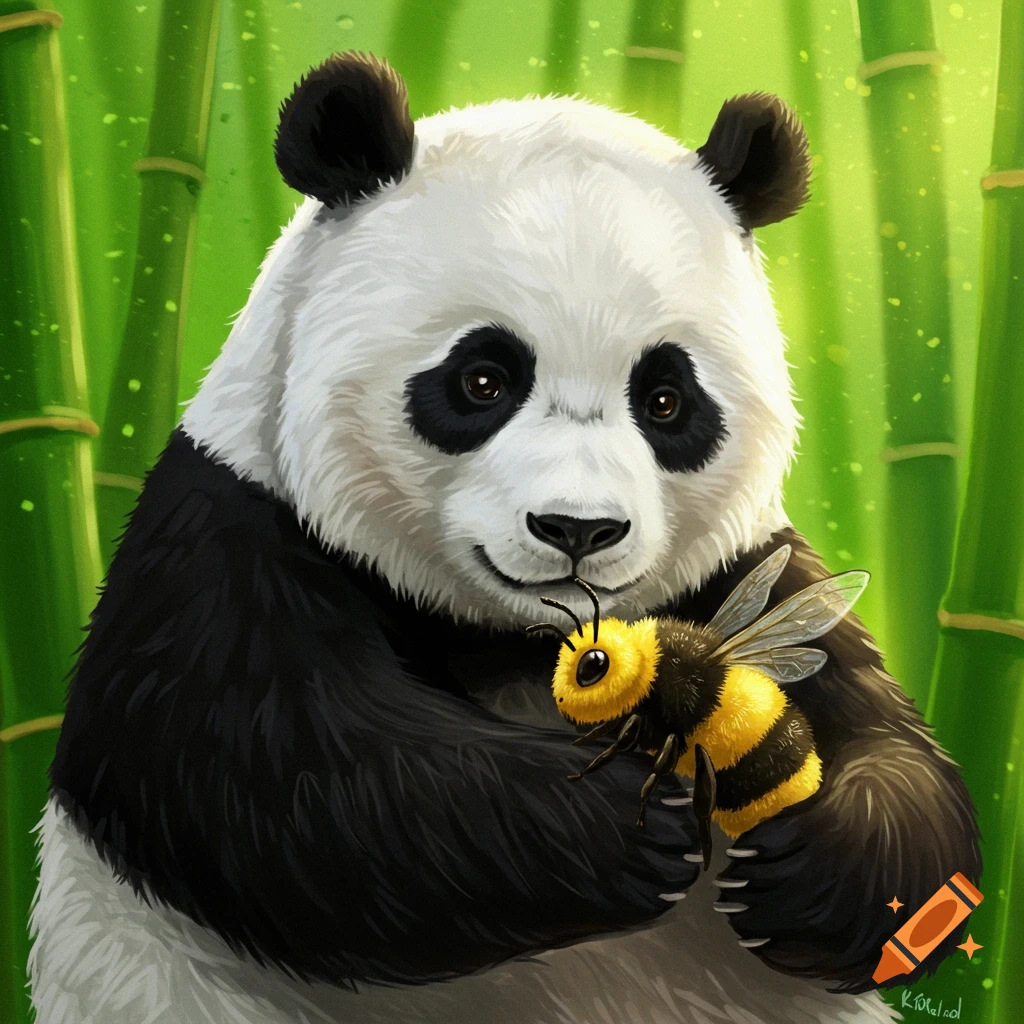 A digital illustration of a fluffy panda holding a fuzzy bumblebee in its paws, set against a bright green bamboo forest background.