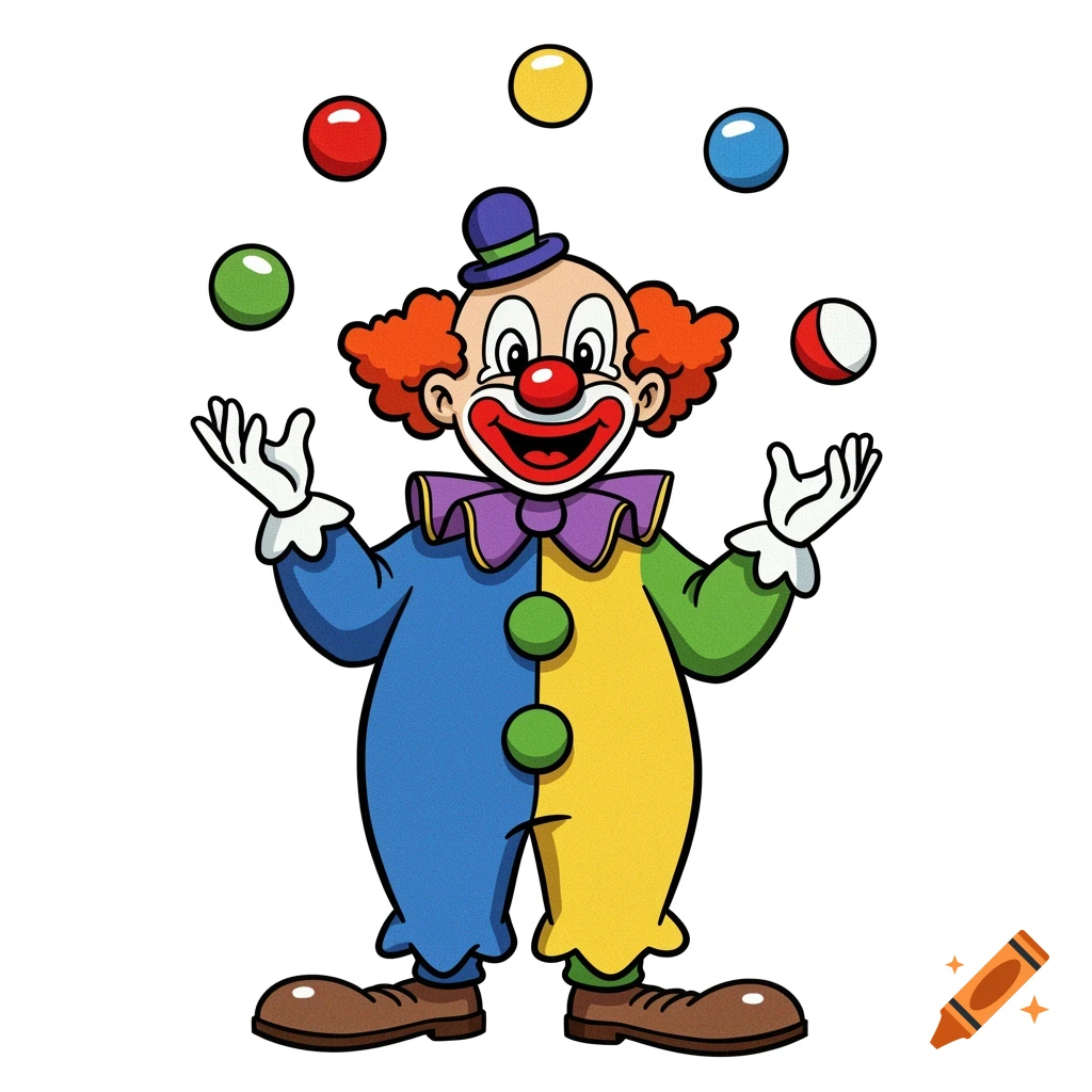 A cartoon clown in a colorful suit juggling red, green, and blue balls.
