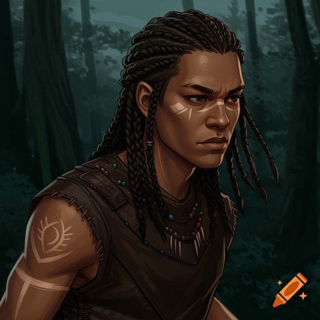 Digital illustration of a young indigenous male character with braids and tribal markings in a forest.
