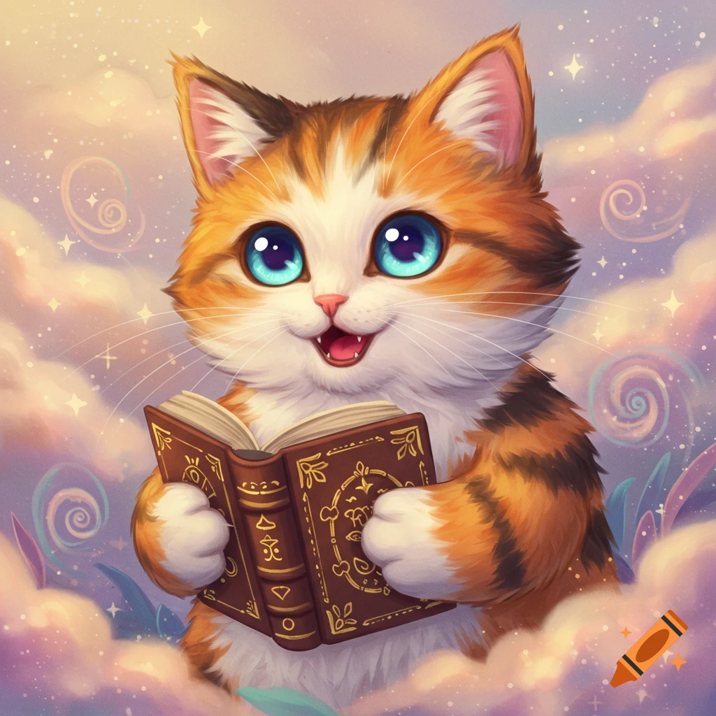 A cute magical calico cat with big blue eyes holds an open book while floating in clouds with stars and sparkles.