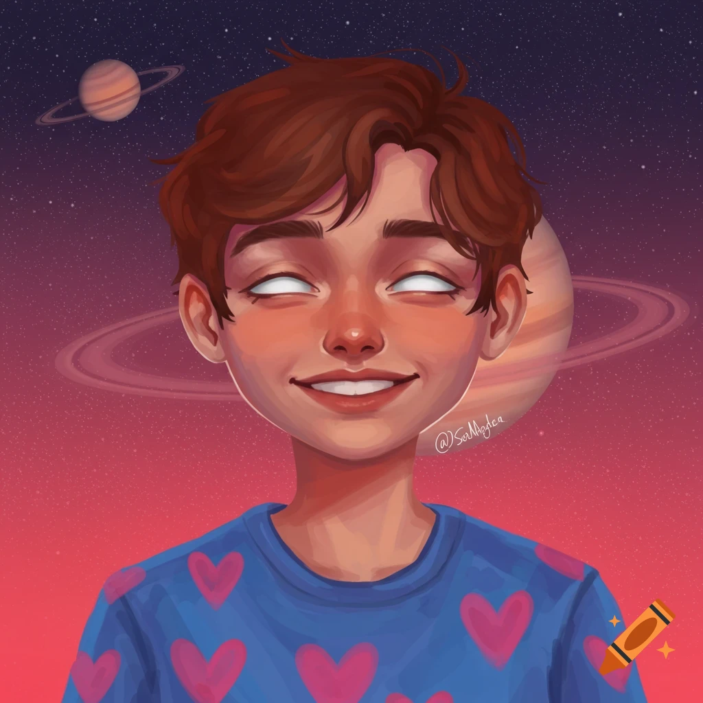 Illustration of a young person with white eyes wearing a blue heart shirt, against a starry space background with planets.