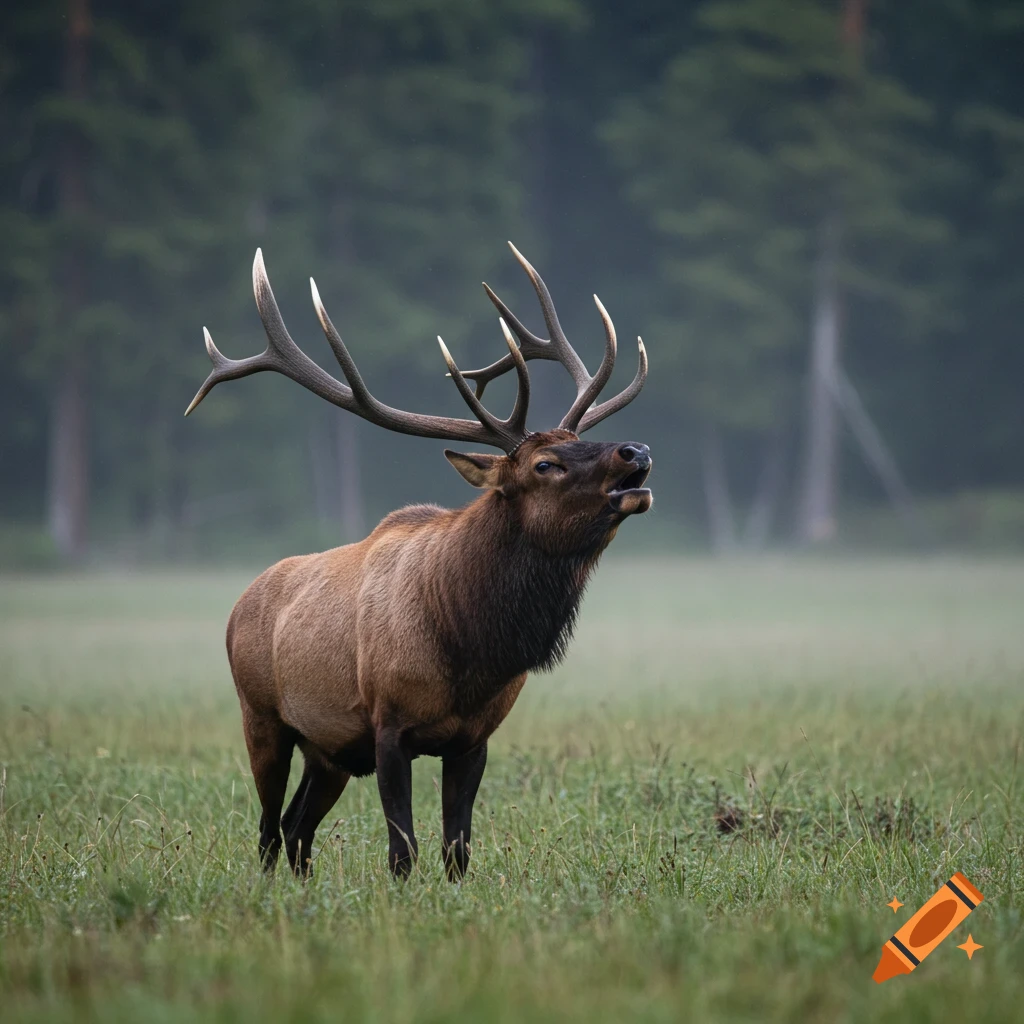 A bugling bull elk stands in a misty field