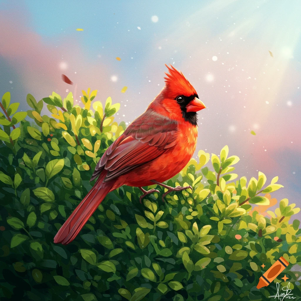 Illustration of a red cardinal bird perched on a green bush under a sunny sky