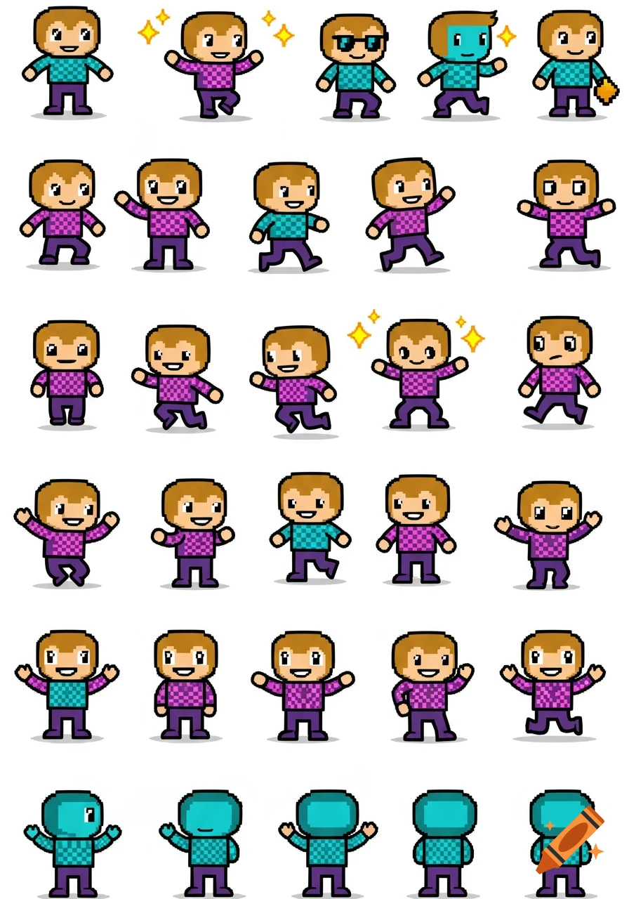 Multiple 8-bit pixel art character sprites in various poses, wearing checkered shirts and purple pants.