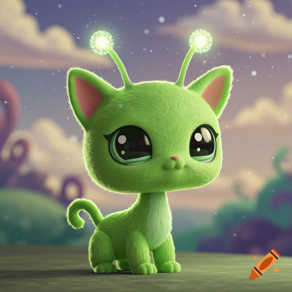 A cute green alien cat character with big eyes and glowing antennae sits outdoors in a cartoon style.