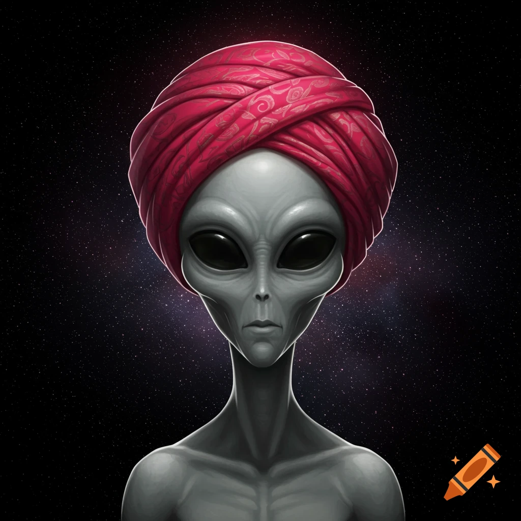 Grey alien wearing a red turban against a starry background.