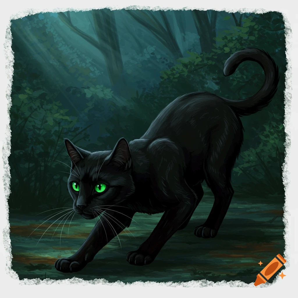 A black cat with glowing green eyes stalks through a dark, misty forest.