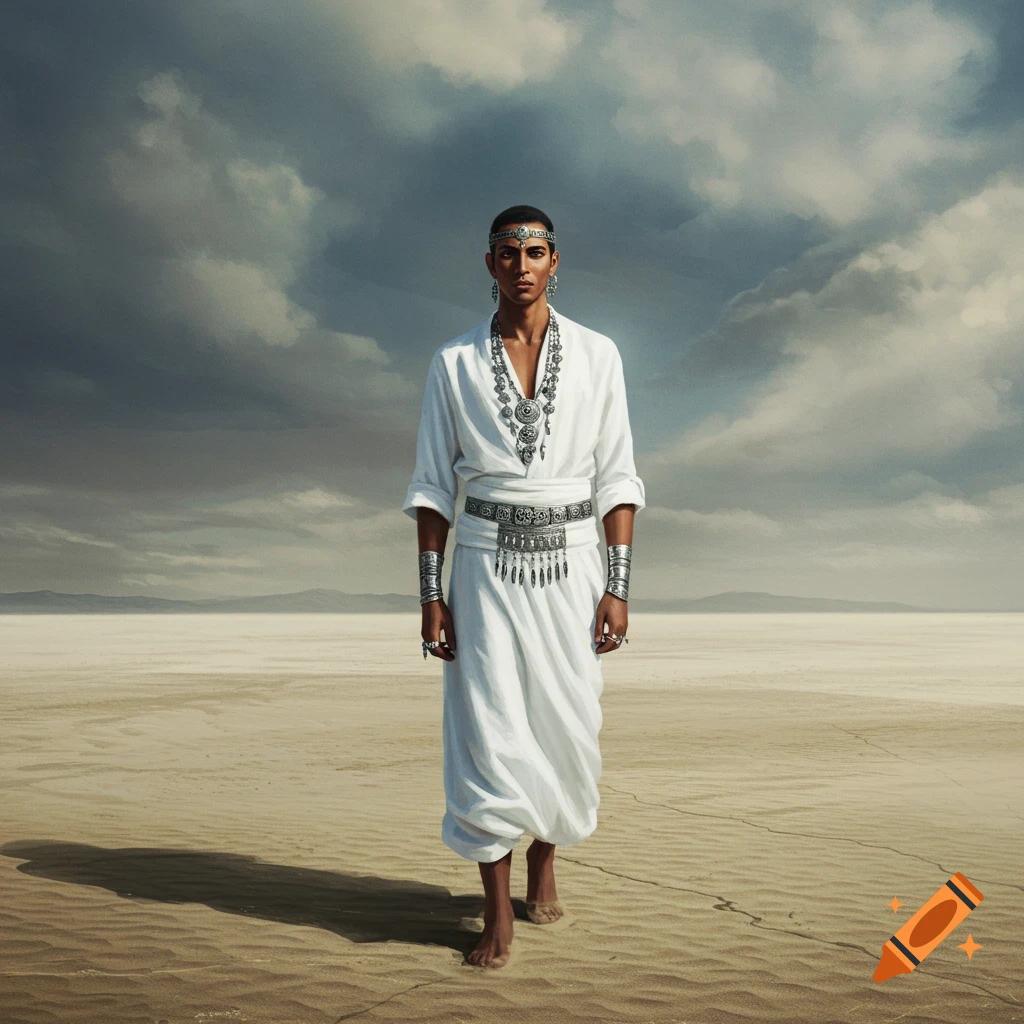 A man in white clothing and silver jewelry stands in a vast desert landscape under cloudy skies.