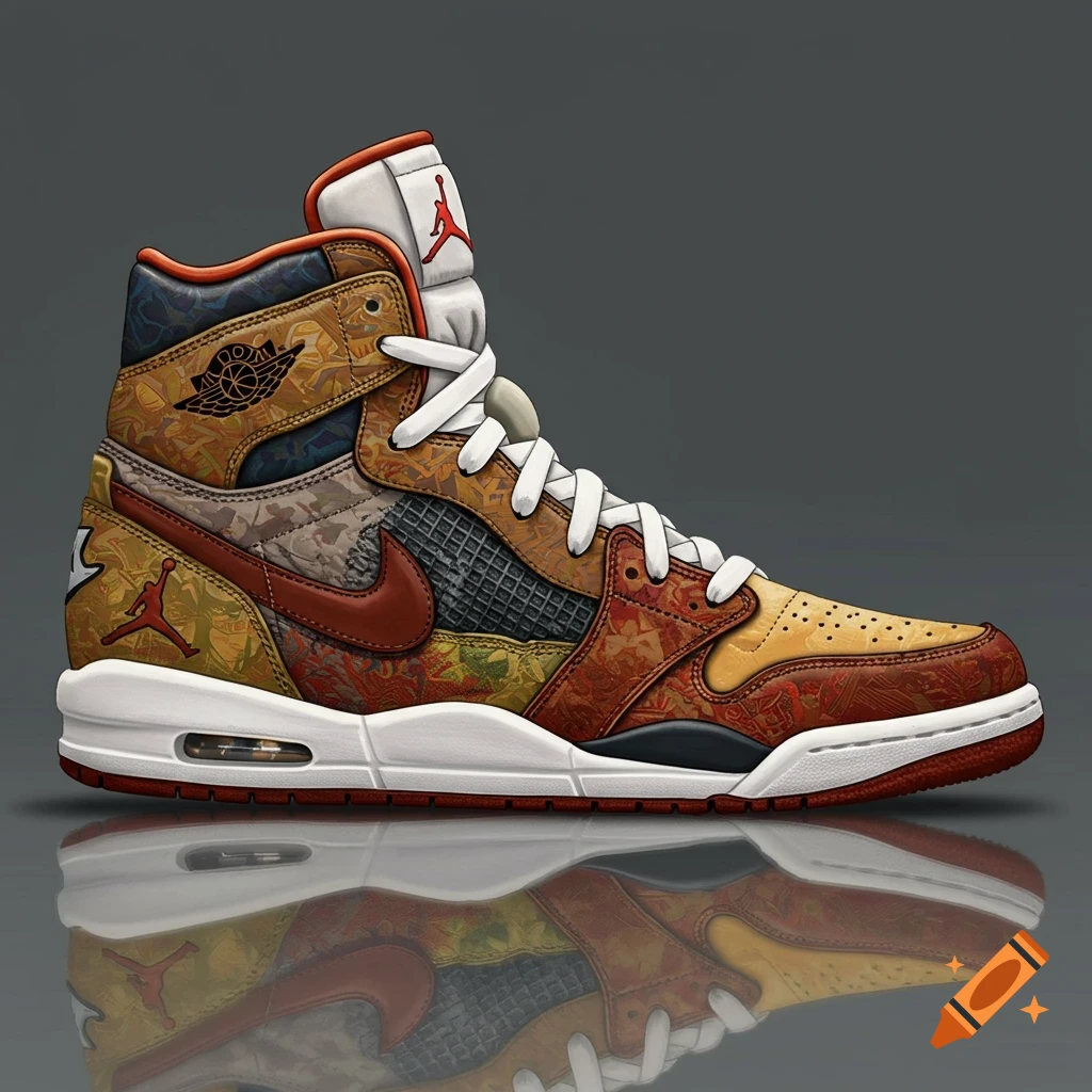 Illustration of a complex high-top sneaker combining various materials and patterns, with Jordan logos, viewed in profile.