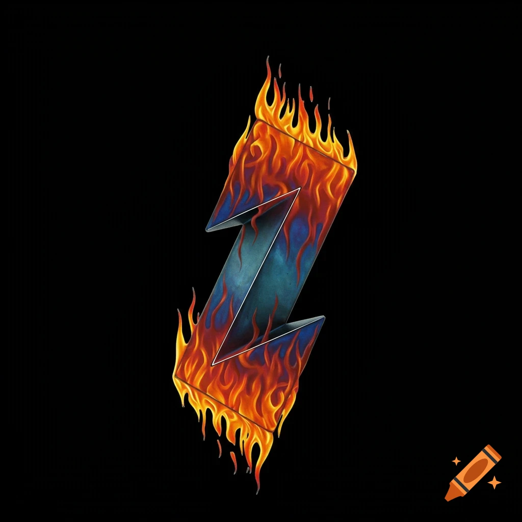 A blue lightning bolt shape engulfed in orange and red flames on a black background.