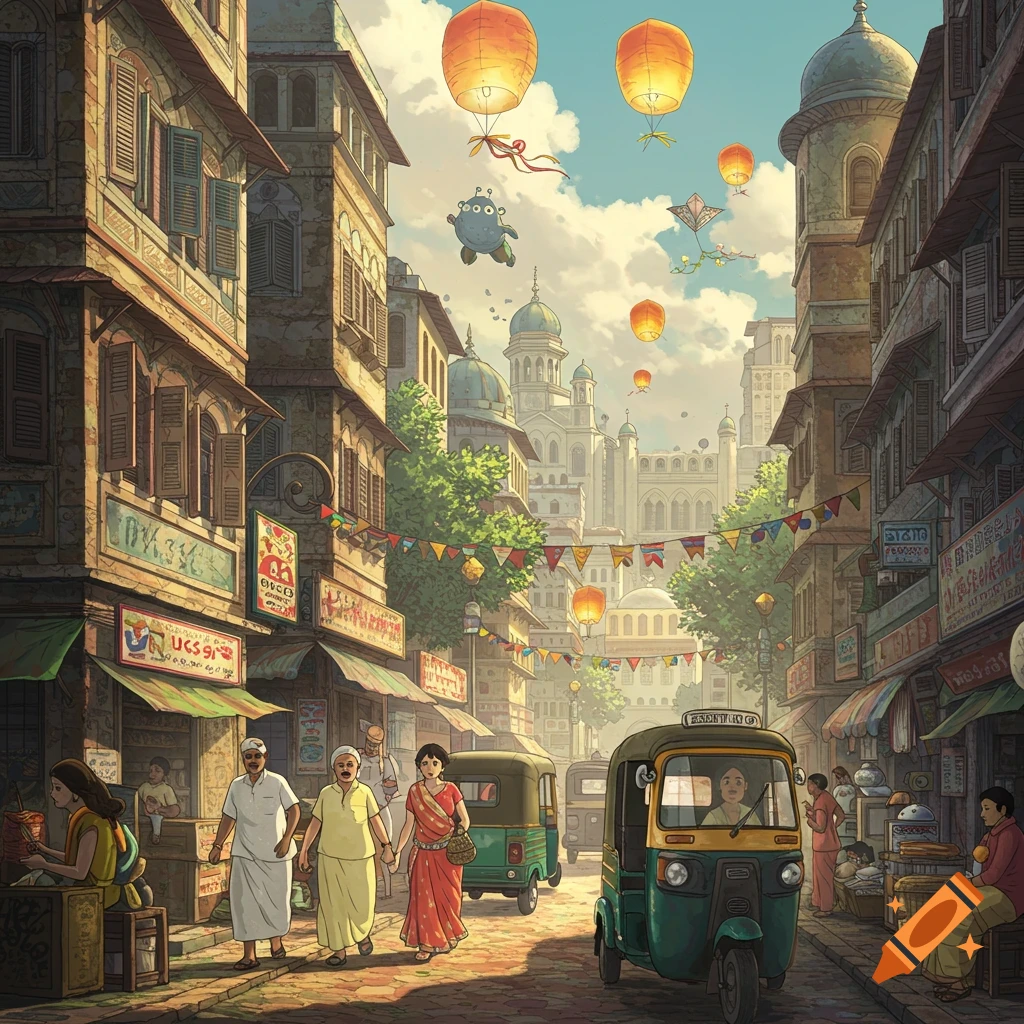 Ghibli style street scene with buildings, auto-rickshaws, people, lanterns, and a flying creature.