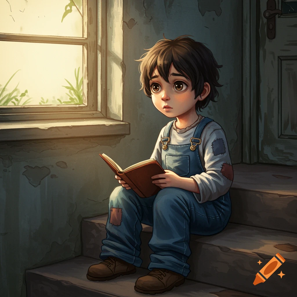 Illustration of a young boy in overalls sitting on steps by a window, reading a book.