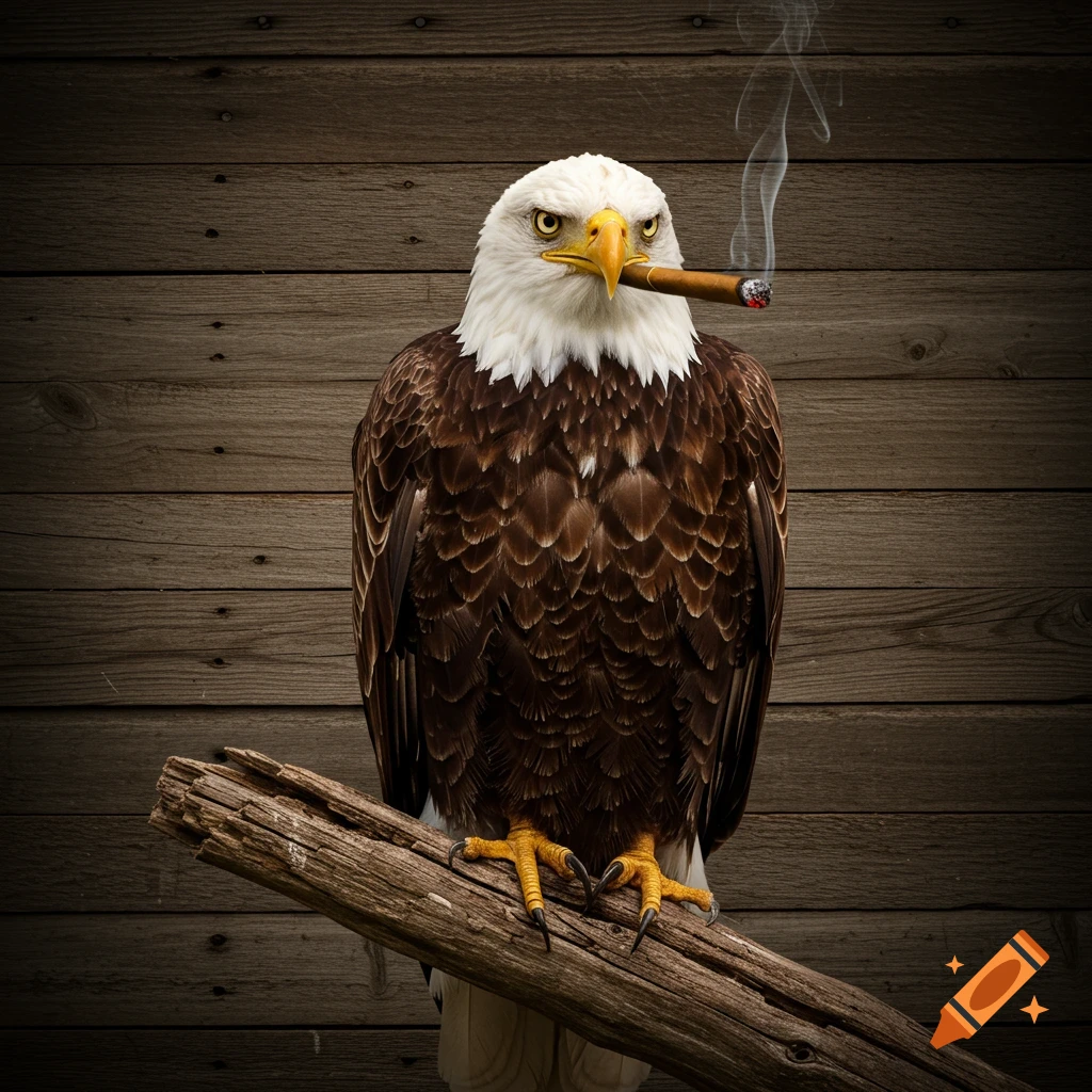 A bald eagle sits on a log, smoking a cigar, against a wooden background.