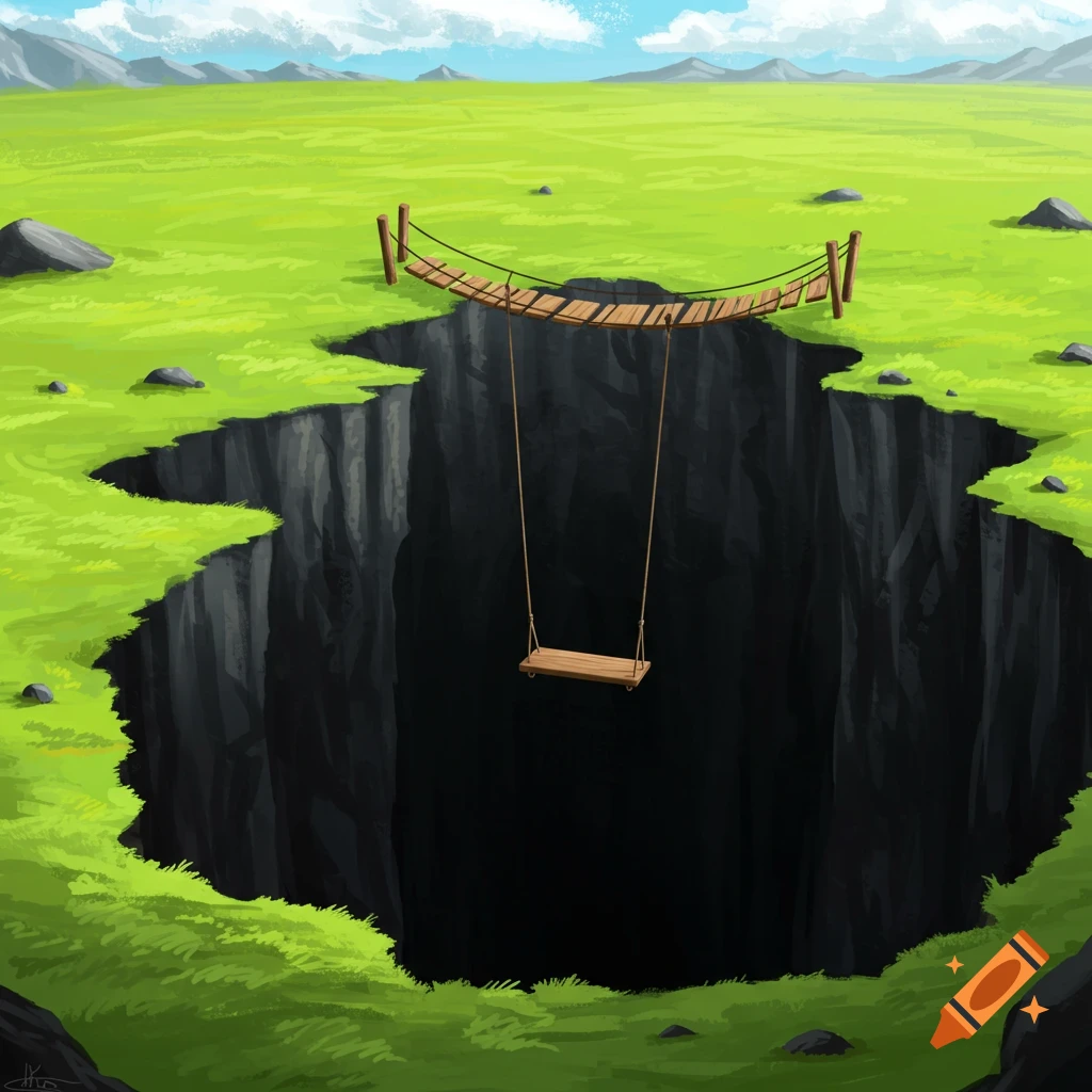 A stylized illustration of a swing hanging over a deep, dark pit with a swing bridge in a grassy landscape.