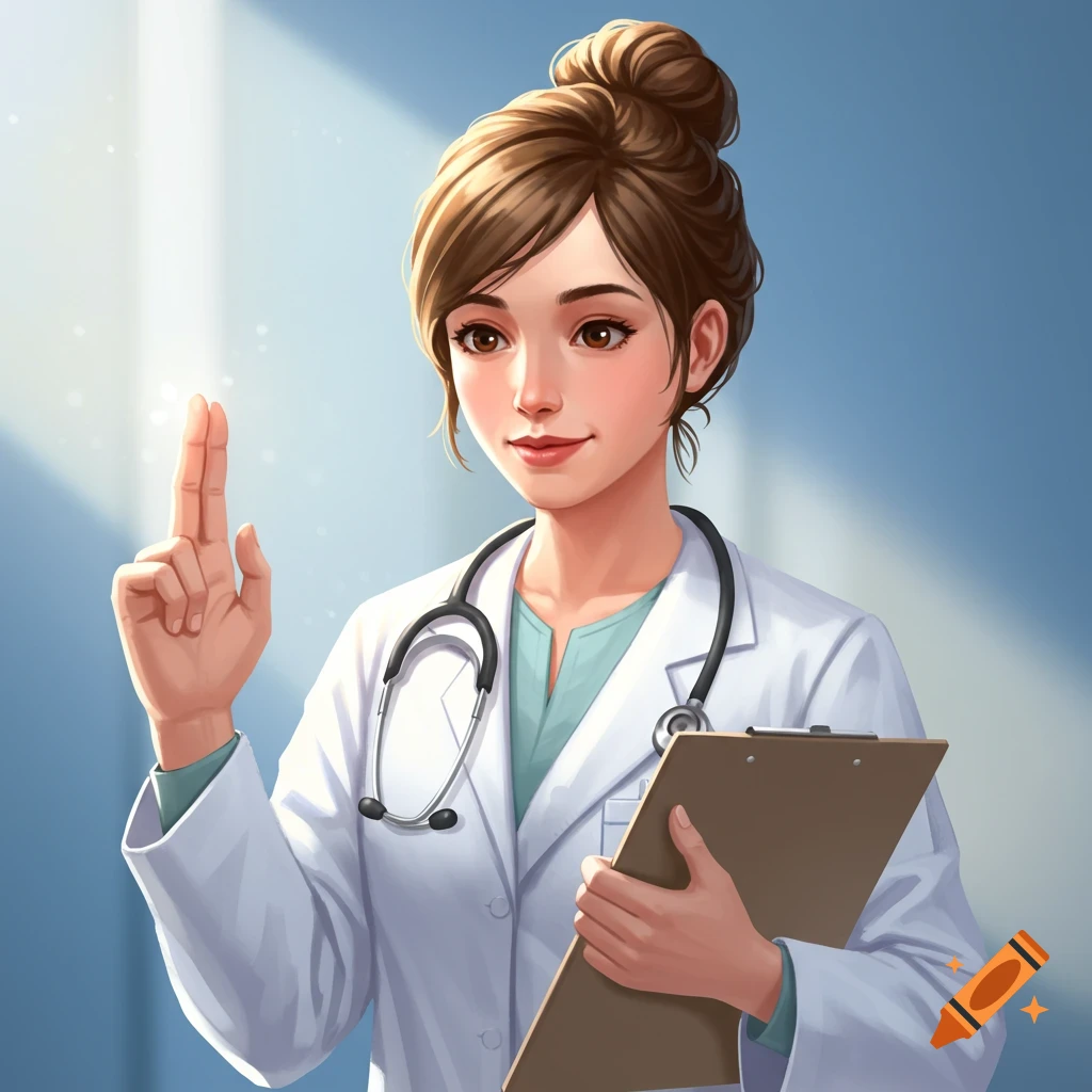 Illustrated female doctor in white coat holding a clipboard and raising two fingers, anime style.