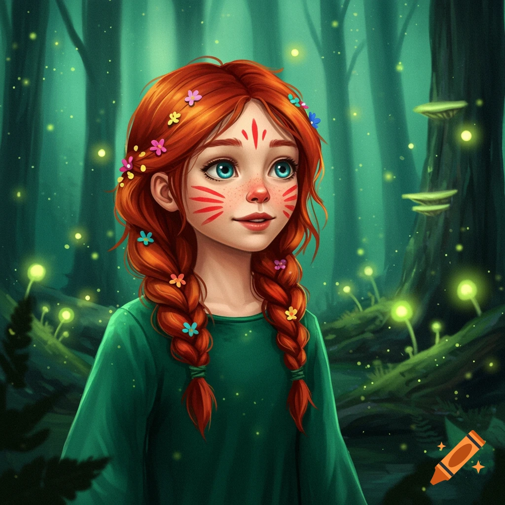 Illustration of a red-haired girl with face paint and braids in a glowing forest.