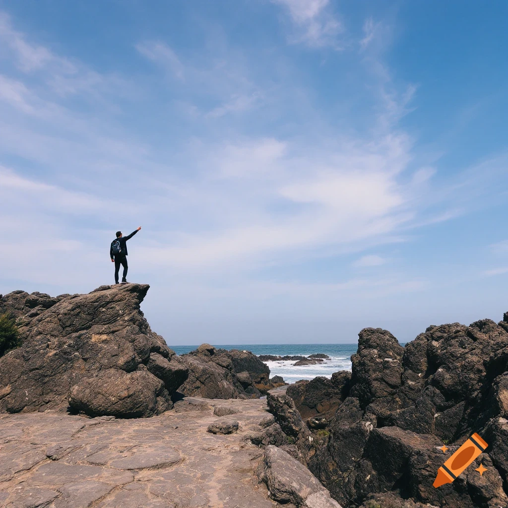 A man stands on a rock formation overlooking the ocean under a blue sky.