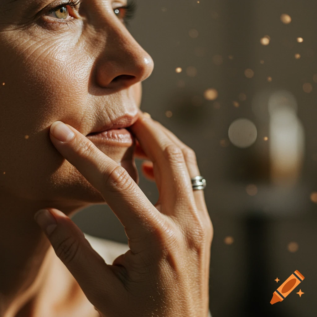 Close-up photo of a person's face and hand with soft natural light