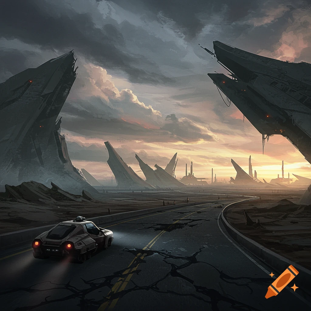 A car drives on a cracked road through a dystopian landscape with large rock formations and distant structures under a dramatic sky.
