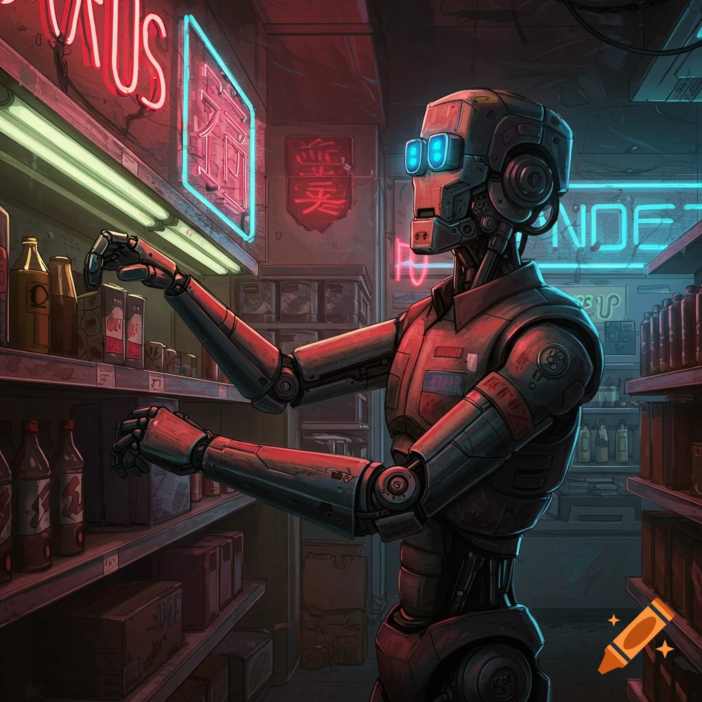 A robot stocking shelves in a neon-lit store.