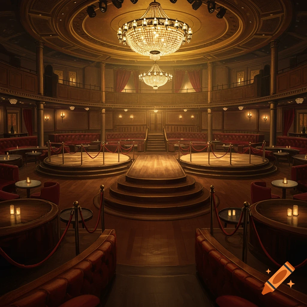 Ornate empty venue with stages, red seating, and chandeliers