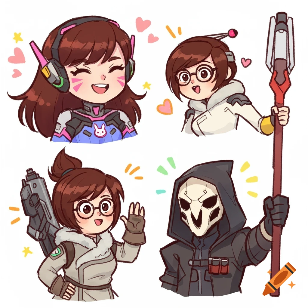 Doodle of Overwatch characters D.Va, Mei, and Reaper