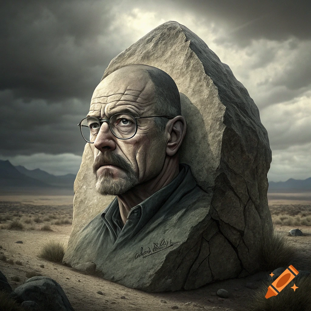 Realistic portrait of a man's head and shoulders emerging from a rock in a desert landscape.