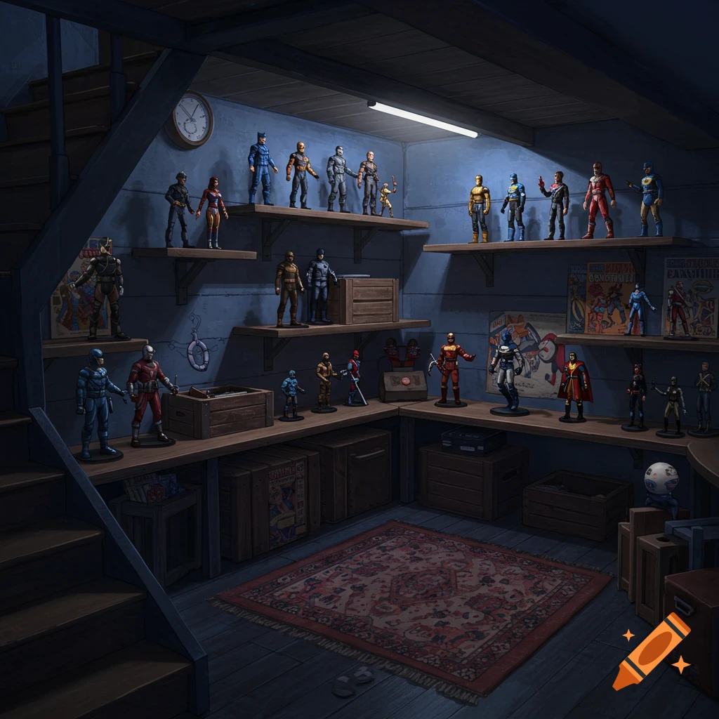 Action figures and collectibles displayed on shelves in a moody under-the-stairs nook.