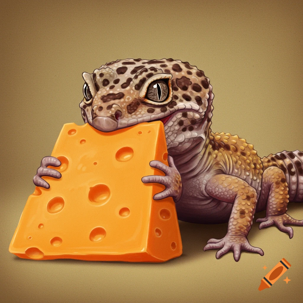A cartoon leopard gecko holds a large piece of cheese in its hands and mouth.