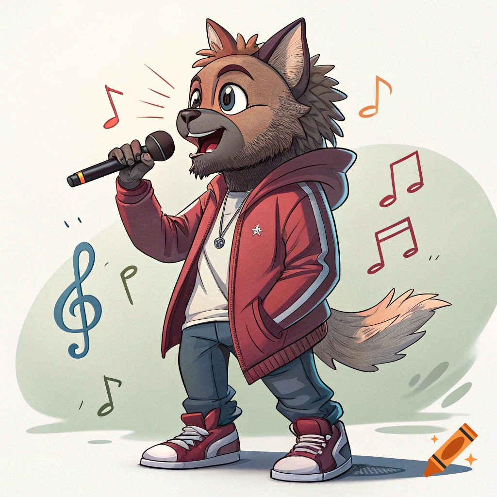 Cartoon wolf character singing into a microphone with musical notes around him.