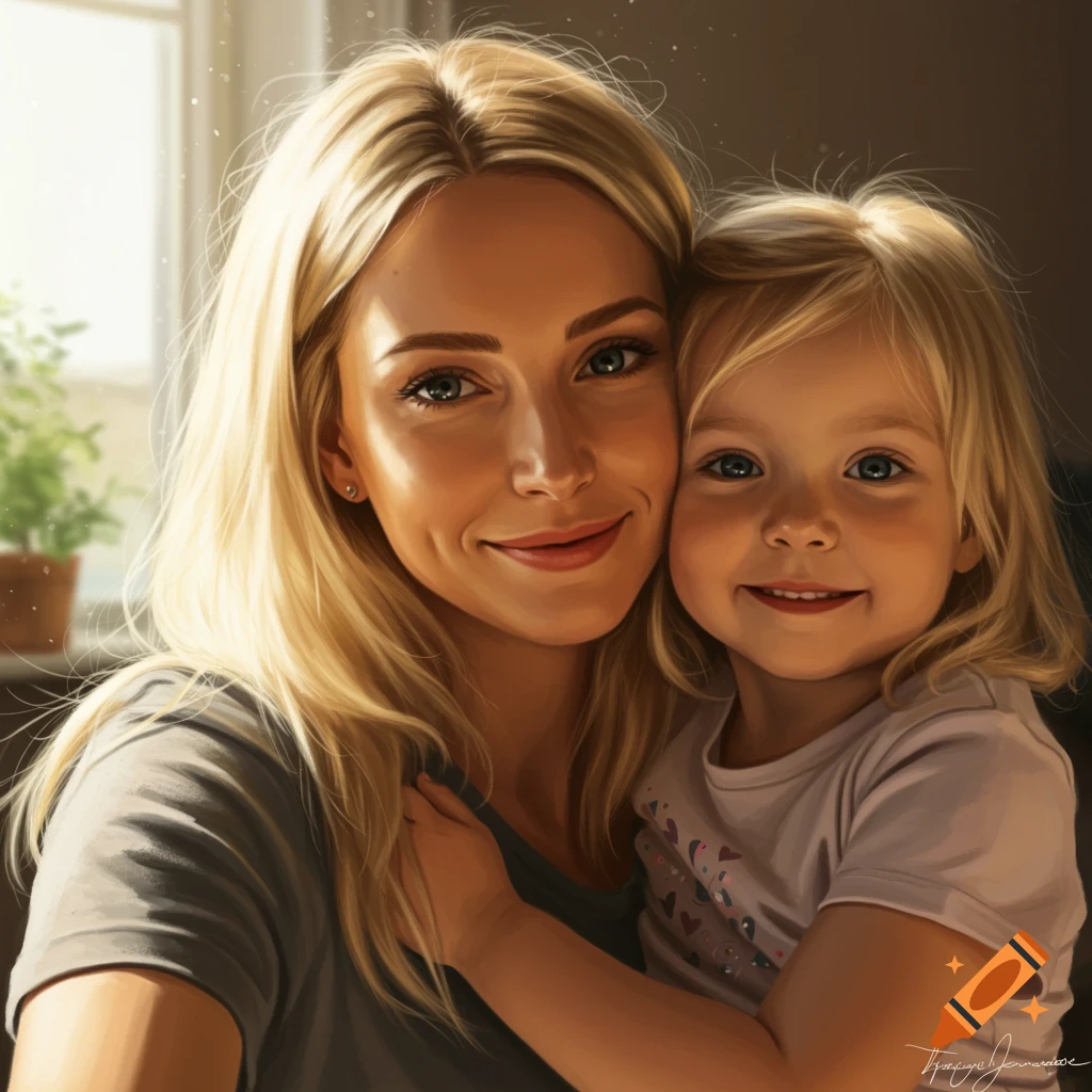 Photorealistic portrait of a blonde mother and daughter embracing and smiling.
