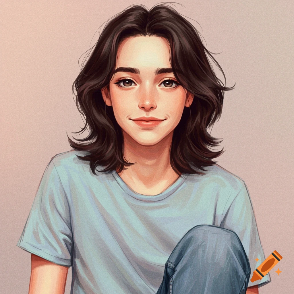 Stylized portrait illustration of a young woman with dark hair and a light blue t-shirt.
