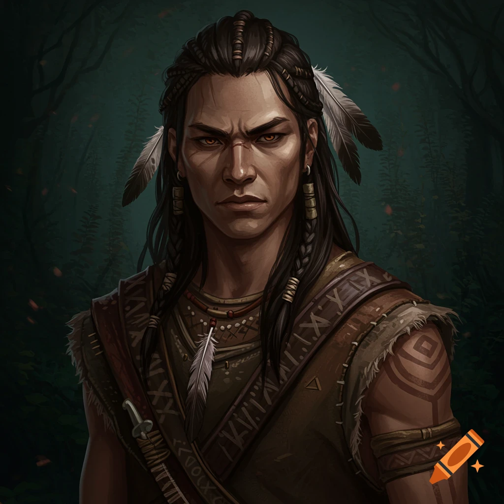 A portrait of an indigenous male character with long braided hair and feathers in a forest setting.