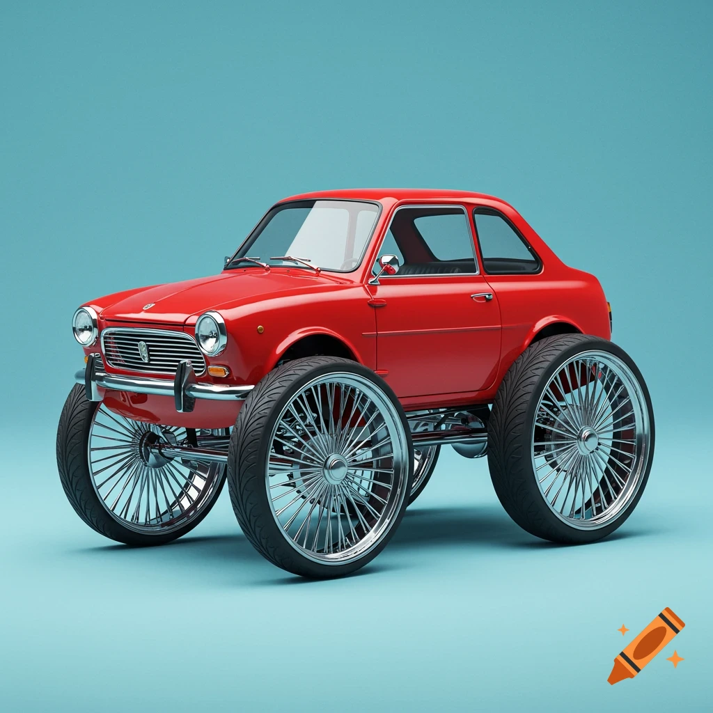 A small red classic car with outrageously large chrome wheels on a blue background.