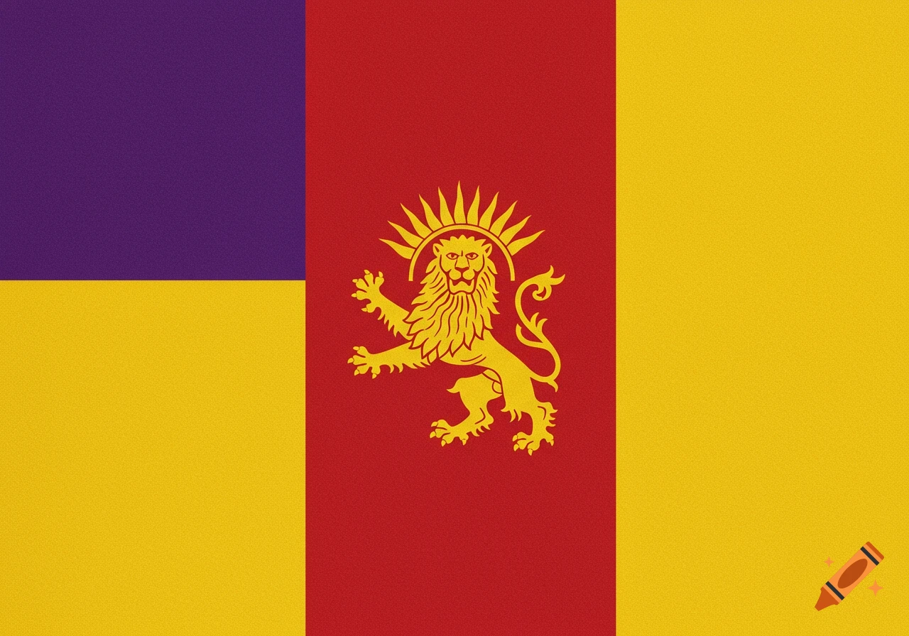 A flag with vertical stripes of purple, red, and yellow, featuring a yellow lion and sun symbol in the center.