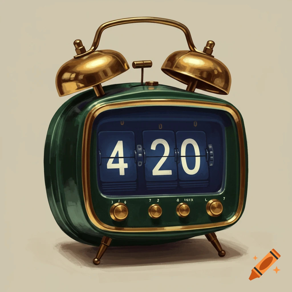 A vintage flip alarm clock showing the time 4:20, with a dark green body and gold accents.
