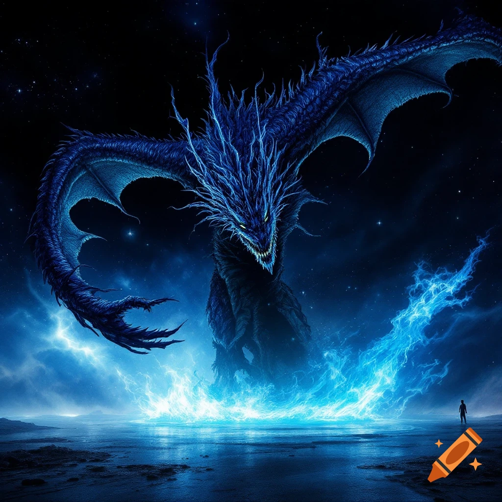 A massive blue fantasy dragon emerges from glowing energy over a tiny human figure in a dark landscape under a starry sky.