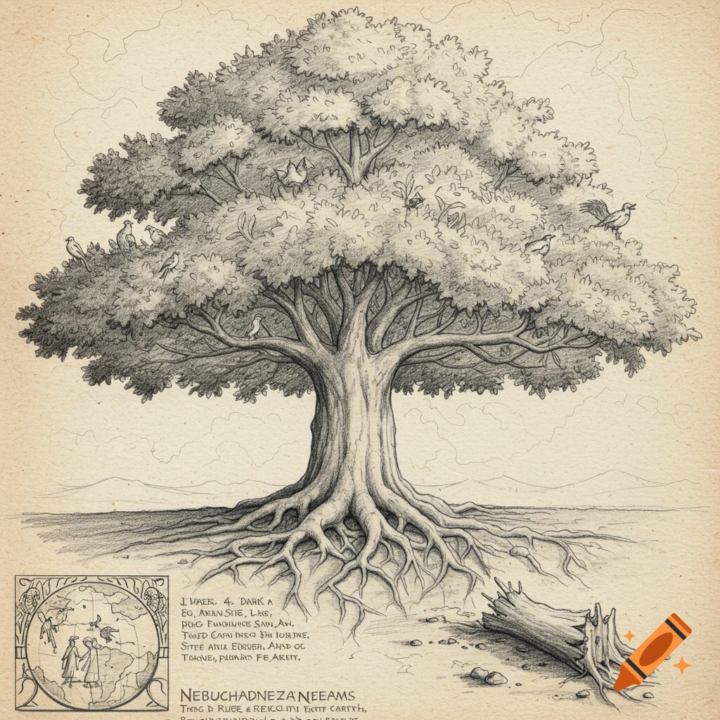 A pencil sketch of a large tree with exposed roots, birds in its branches, a fallen log, and a small panel depicting figures and a globe, in a biblical illustration style.